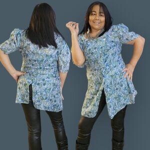 WOMENS MEDIUM BLUE SHEER FLORAL BLOUSE